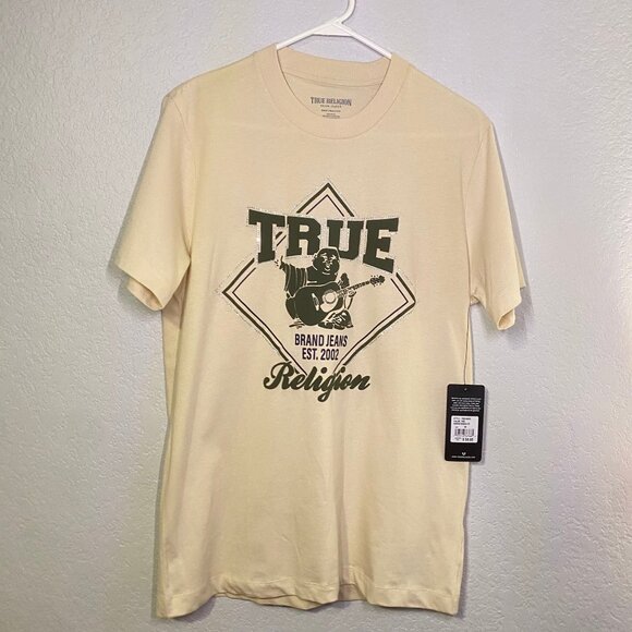 NEW True Religion Men's Rhinestone Diamond Buddha Tee Short Sleeve T-shirt Fog M - Picture 3 of 9
